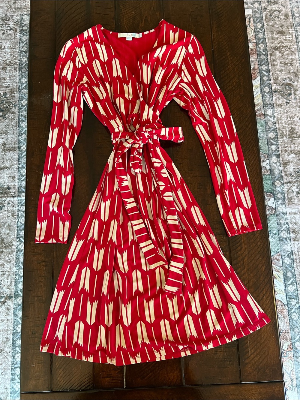 Boden Red Ivory Ikat Print Faux Wrap Dress Tie Waist UK 12 US 8